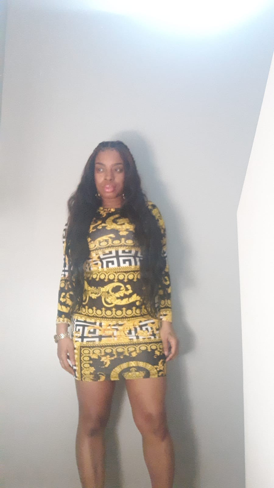Long Sleeve Gold Black & White Midi Bodycon Dress